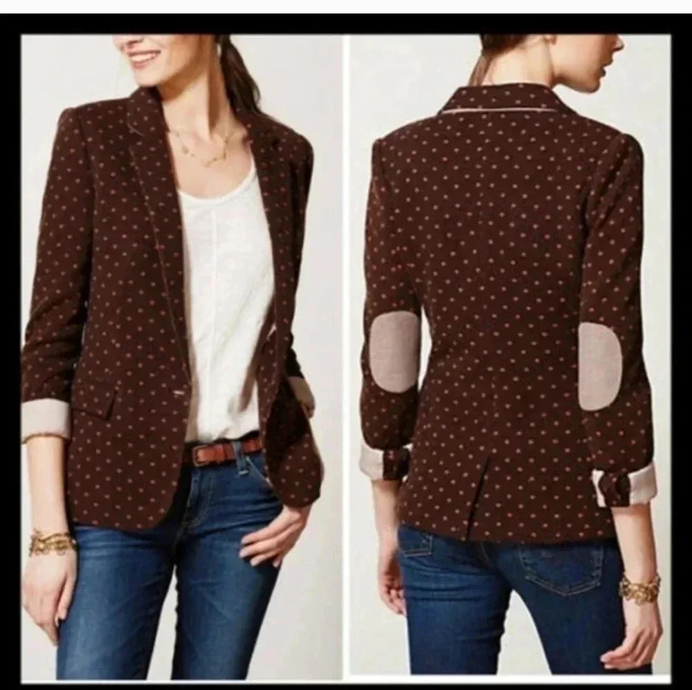 Cartonnier Anthropologie Blazer Jacket Polka Dot Elbow Patch Brown Orange(XS)
